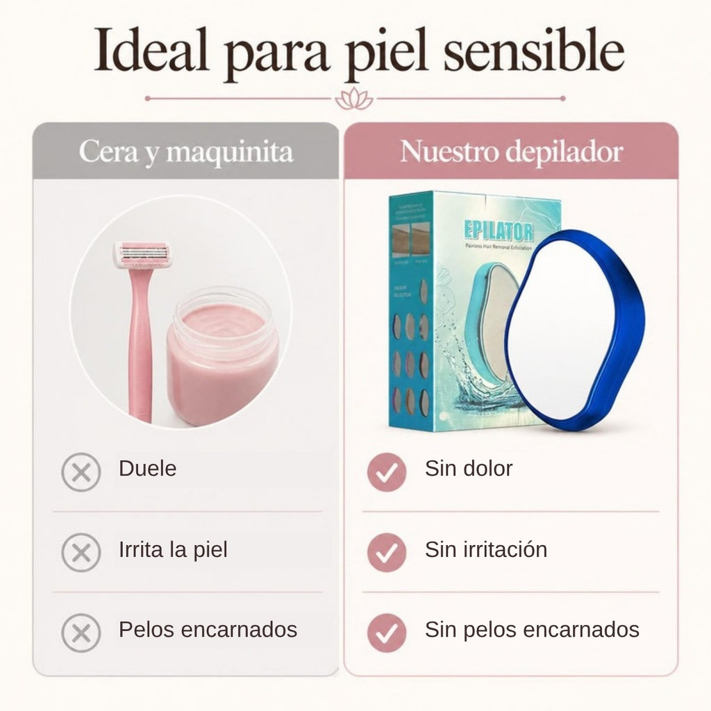 Comparación: cera y maquinita frente al depilador de cristal, ideal para piel sensible