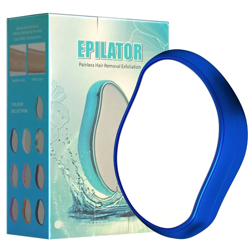Depilador de cristal azul sin dolor con su caja